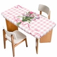 thumbnail image 1 of Pink Tulip Spring Floral Table Cloths for 3 Foot Rectangle Tables, Romantic Flowers Modern Art Pink Plaid Patio Waterproof Elastic Fitted Tablecloths, Washable Rectangular Table Cover for Camping, 1 of 8