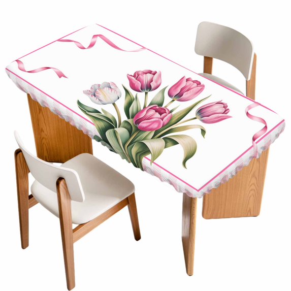 Pink Tulip Spring Floral Table Cloths for 3 Foot Rectangle Tables, Romantic Flowers Modern Art Plaid Patio Waterproof Elastic Fitted Tablecloths, Washable Rectangular Table Cover for Camping