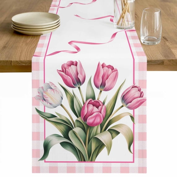 Pink Tulip Spring Floral Table Runner - 72 Inch Long Romantic Flowers Modern Art Plaid Cotton and Linen Blended Dress Scarves Farmhouse Table Runner for Kitchen Dining, Coffee Table, 13" x 72"