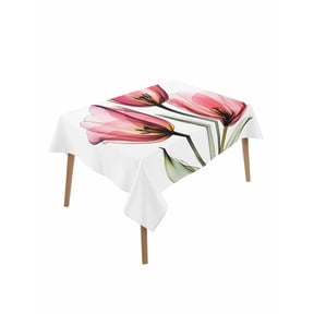Pink Tulip Table Cloth, Modern Blossom Pastel White Floral Petal Waterproof Tablecloth for Rectangle Tables, Reusable Washable Fabric Table Cover for Restaurant Kitchen Dining Tables 52"x70"
