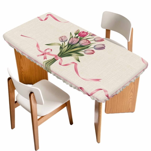 Pink Tulip Table Cloths for 4 Foot Rectangle Tables, Spring Floral Romantic Flowers Rustic Patio Waterproof Elastic Fitted Tablecloths, Washable Rectangular Table Cover for Camping