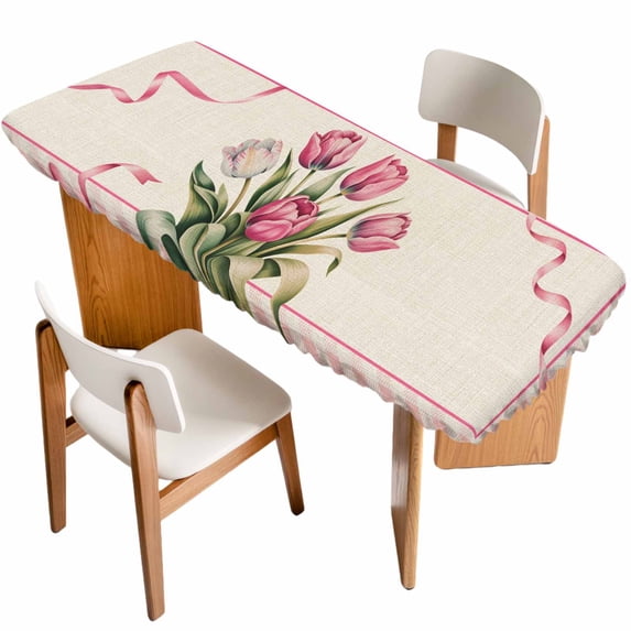 Pink Tulip Table Cloths for 8 Foot Rectangle Tables, Spring Floral Romantic Flowers Modern Art Rustic Patio Waterproof Elastic Fitted Tablecloths, Washable Rectangular Table Cover for Camping