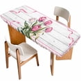 thumbnail image 1 of Pink Tulip Table Cloths for 8 Foot Rectangle Tables, Spring Floral Romantic Flowers Modern Art Wooden Patio Waterproof Elastic Fitted Tablecloths, Washable Rectangular Table Cover for Camping, 1 of 8