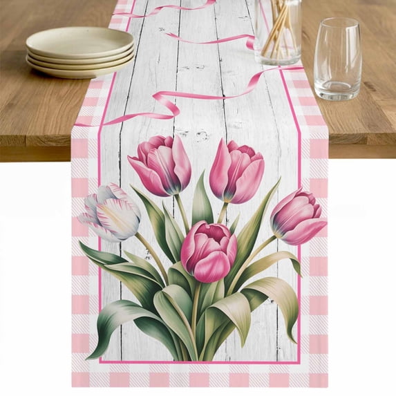 Pink Tulip Table Runner - 60 Inch Long Spring Floral Romantic Flowers Modern Art Wooden Cotton and Linen Blended Dress Scarves Farmhouse Table Runner for Kitchen Dining, Coffee Table, 13" x 60"
