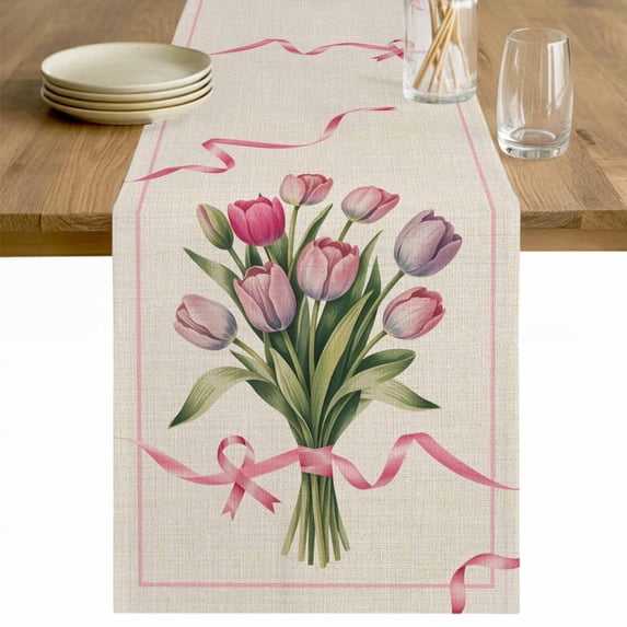 Pink Tulip Table Runner - 70 Inch Long Spring Floral Romantic Flowers Rustic Cotton and Linen Blended Dress Scarves Farmhouse Table Runner for Kitchen Dining, Coffee Table, 13" x 70"