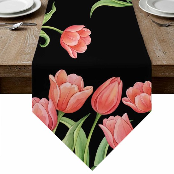 Pink Tulip Table Runner Linen Burlap Table Runner 36 Inches Small Spring Floral Summer Botanical Black Dresser Scarves for Kitchen Island Coffee Dining Room Party Wedding Holiday Decoration 13"x36"