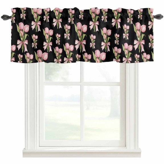 Pink Tulip Valances for Windows Farmhouse Kitchen Curtains Valances Rod Pocket Valance Curtains for Windows Spring Romantic Botanical Flowers Branches Window Valances for Bathroom Bedroom 42"x12"