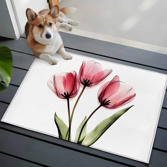 Pink Tulip Washable Area Rug 2x3 X-ray Image Flower Abstract Transparent Floral Low-Profile Area Rugs with Non Slip Backing Indoor Floor Carpet for Entrance Living Room Bedroom Home Office