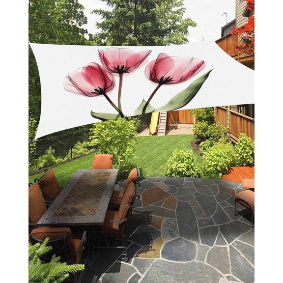 Pink Tulip Waterproof Sun Shade Sail X-ray Image Flower Abstract Transparent Floral Outdoor Patio Sun Shades Canopy UV Block Waterproof Sunshade for Garden Backyard Deck Pergola 8x10 Ft