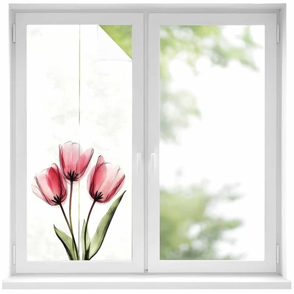 Pink Tulip Window Privacy Film X-ray Image Flower Abstract Transparent Floral Decorative Glass Window Film UV Blocking Static Cling Non-Adhesive Sticker Covering for Home Door 19.6 x 39.3 inches