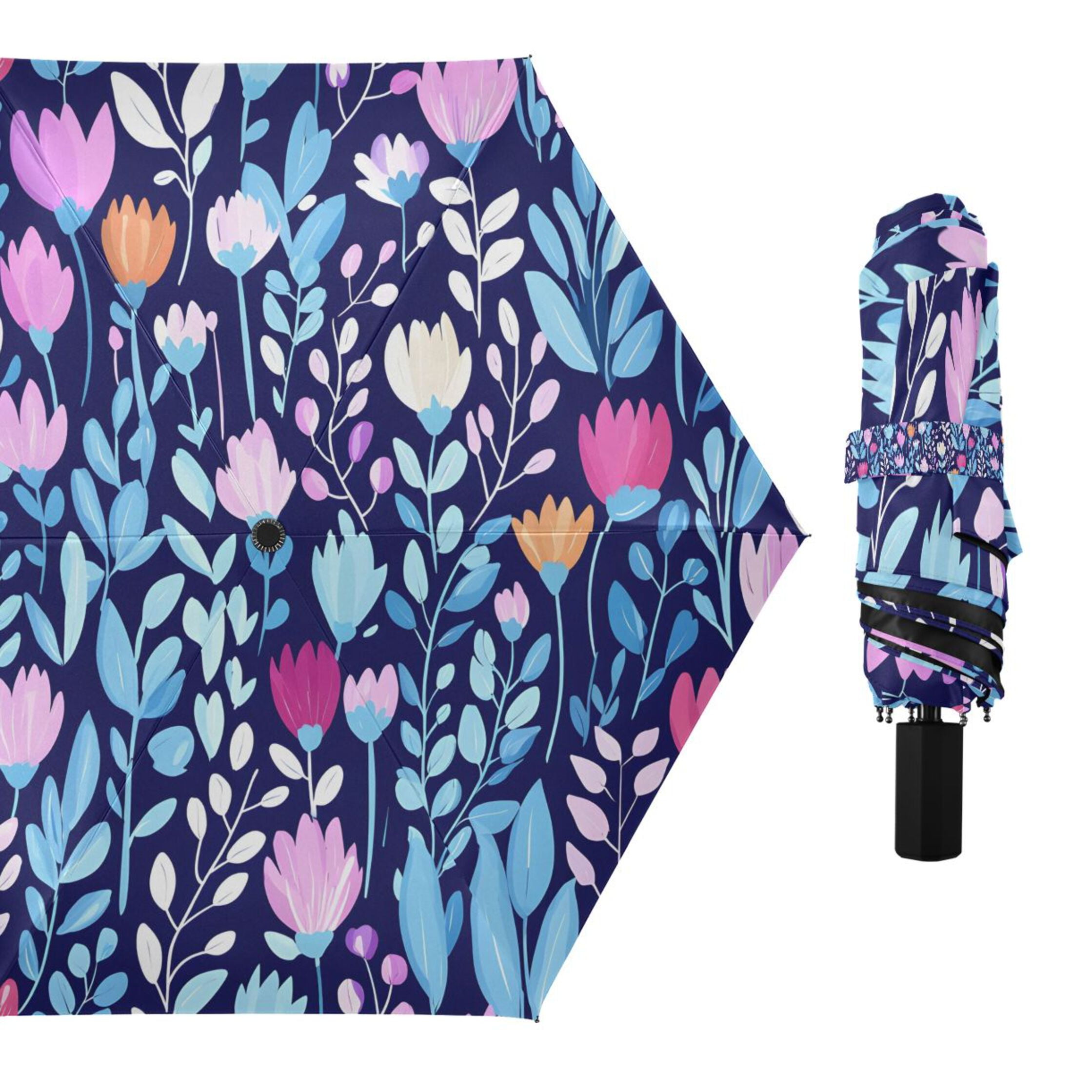 Pink Tulip with Blue Leaves Compact Sun Umbrella Windproof Travel Umbrellas for Rain Strong Portable UV Protection