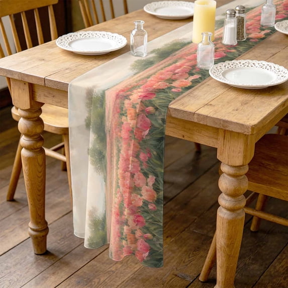 Pink Tulips 10ft Cheesecloth Table Runner for Wedding 27"x120", Spring Romance Floral Flower Field Garden Botanical Kitchen Dinner Sheer Tulle Chiffon Dresser Scarf, Holiday Party Decorations