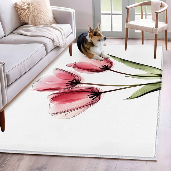 Pink Tulips Area Rug 3x5 FT, Non Slip Entryway Bedside Carpet, Green Leaf Country Flower White Botanical Washable Soft Floor Carpet Indoor Mat Non-Shedding Throw Rugs for Dorm Kitchen Home Office