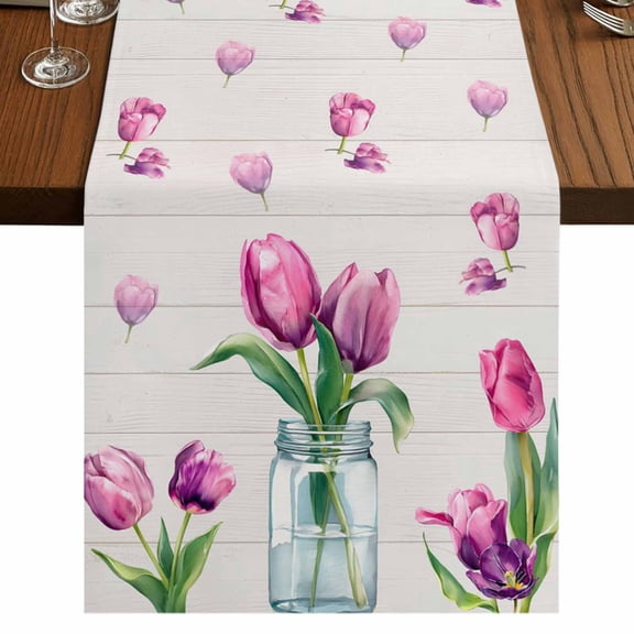 Pink Tulips Burlap Cotton Table Runner 13x36 Inches Short, Vintage Floral Gray Wooden Spring Flowers Farmhouse Table Runners, Outdoor Dining Table Decor for Baby Shower/Party/Wedding