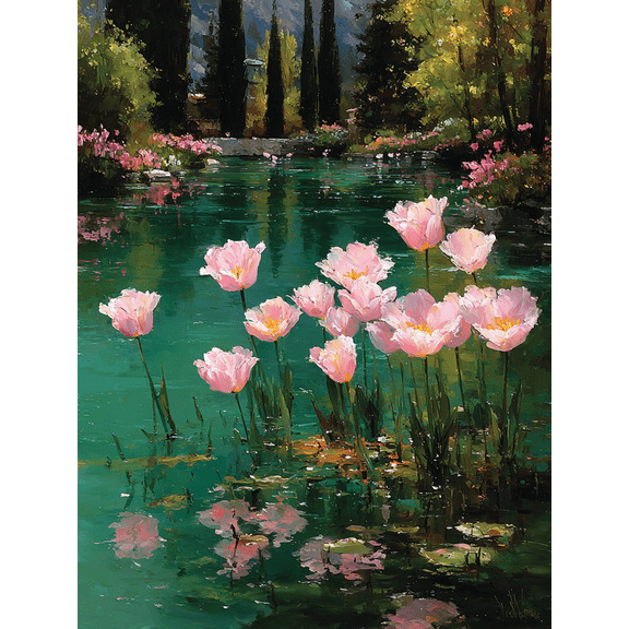 Pink Tulips Canvas Print, Lake Landscape Spring Art, Preppy Girly Room Wall Decor