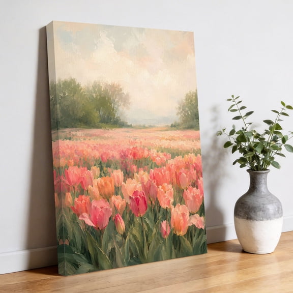 Pink Tulips Canvas Wall Art, Spring Romance Floral Flower Field Garden Botanical Pictures Wall Decor Wooden Framed Artwork Art Prints for Living Room Hallway Bedroom Office 24"x36"