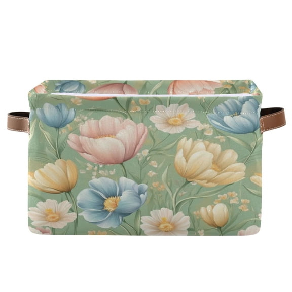 Pink Tulips and Cosmos Foldable Storage Basket,Canvas Fabric Foldable Storage Bins with Handles Open Home Storage Bins Boxes for Toy Book Shelf Closet Baskets