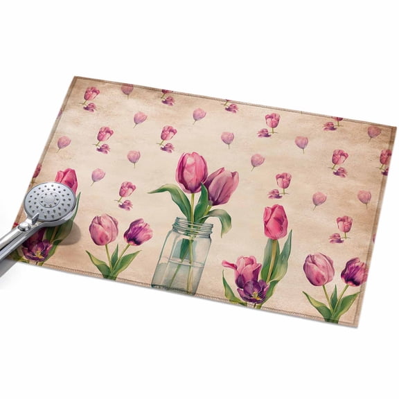 Pink Tulips Entryway Rug 2x3ft Washable Non Slip Bathroom Rug Low Pile Indoor Floor Front Door Mat Rustic Floral Flowers Petals Brown Rectangle Area Rugs Carpet for Kitchen Office Dining Room Home
