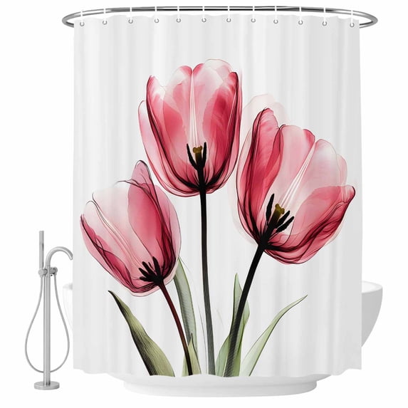 Pink Tulips Fabric Shower Curtain Abstract Flowers Washable Shower Curtains for Bathroom, Waterproof Bath Curtain with Hooks Home Decor 72x72in