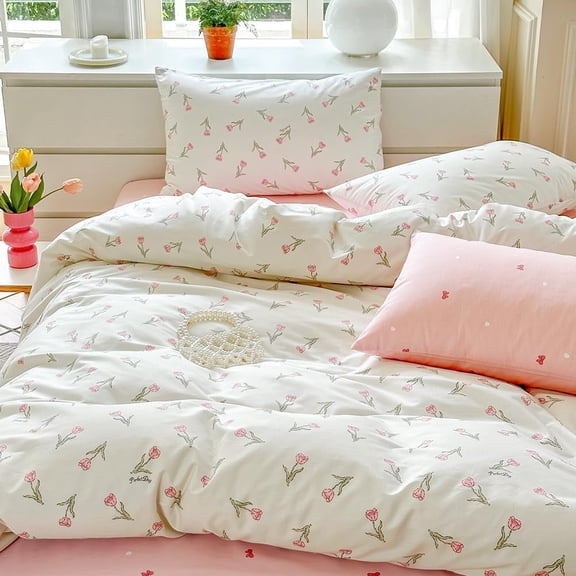 Pink Tulips Flower White Reversible Duvet Cover Set 100% Cotton Girls Aesthetic Garden Style Bedding Set,Twin Size