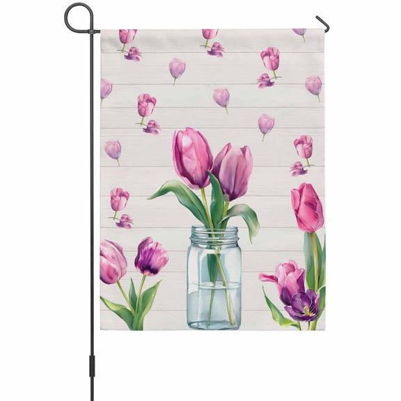 Pink Tulips Garden Flag 12 x 18 Inches, Country Watercolor Flower Green Leaf Glass Vase Wood Grain Weather Proof Outdoor Patio Flags Double Sided Small Garden Decoration for Yard Outside Home