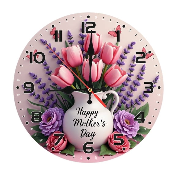 Pink Tulips Happy Mother Day Wall Clock 10 Inch Silent Non Ticking Round Wooden Clock Decoration for Living Room Kitchen Bedroom Bathroom Office Classroom