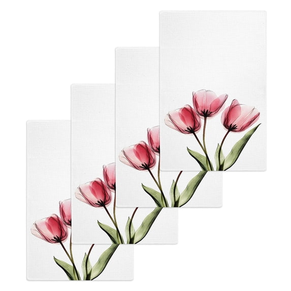 Pink Tulips Kitchen Dish Towels for Drying Dishes Set of 4, Green Leaf Country Flower White Botanical Waffle Weave Microfiber Hand Tea Bathroom Towels Quick Dry & Absorbent Towel 15.7x23.6