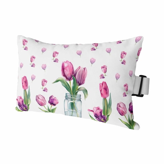 Pink Tulips Outdoor Pillows for Chaise Lounge Chair Waterproof Lumbar Pillows with Insert&Adjustable Strap Beach Headrest Pillow Spring Floral Farmhouse Glass Vase Green Leaf Pool Pillow 11"x16"
