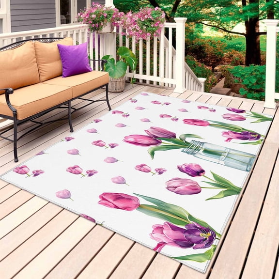 Pink Tulips Outdoor Rug for Patio/Deck/Porch, Non-Slip Large Area Rug 5 x 7 Ft, Spring Floral Farmhouse Glass Vase Green Leaf Indoor Outdoor Rugs Washable Area Rugs, Camping Rug Carpet Runner