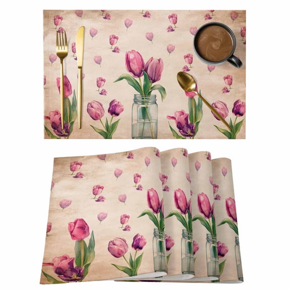 Pink Tulips Placemats Set of 6 Rustic Floral Flowers Petals Brown Place Mats Indoor Wipeable Table Mats Washable Cloth Dining Table Placemats for Kitchen Holiday Party Home Decor 13x19 Inch