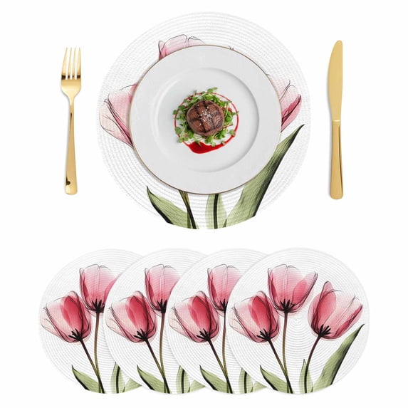 Pink Tulips Round 13 Inch Placemats Set of 4, Green Leaf Country Flower White Botanical HeatResistant Non Slip Place Mats for Dining Table, Wipeable Braided Kitchen Table Mats for Housewarming