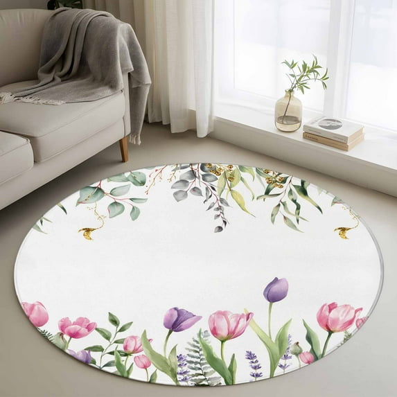 Pink Tulips Round Area Rug 3Ft Washable Small Circle Rugs for Kitchen Entryway, Spring Floral Green Eucalyptus Leaves Non-Slip Carpet Floor Mats Indoor Outdoor Carpet Runner Aesthetic Home Decor