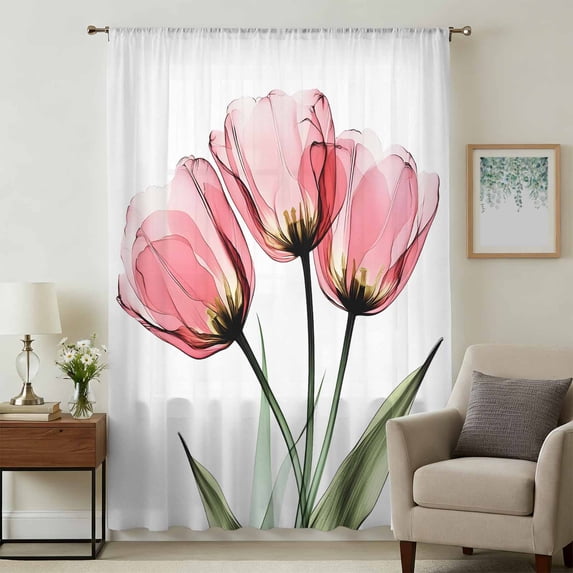 Pink Tulips Sheer Curtains 63 Inches Long, Spring Floral Botanical Plant Abstract Light Filering Curtains, Breathable Simi Curtain Privacy Drapes for Living Room Bedroom Lightweight Window Treatment