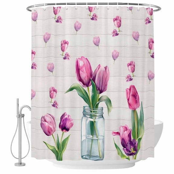 Pink Tulips Shower Curtain for Bathroom, Country Watercolor Flower Green Leaf Glass Vase Wood Grain Waterproof Cloth Fabric Bathroom Accessories Set with 9 Rust Proof Plastic Hooks, 36"x72"