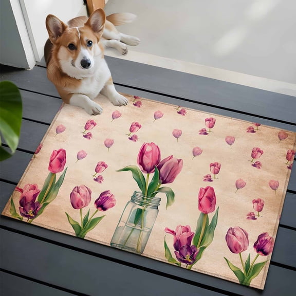 Pink Tulips Small Area Rugs 2x3 Country Vintage Watercolor Flower Green Leaf Glass Vase Entryway Rugs Washable Door Mat, Low-Profile Area Rugs Floor Carpet for Living Room Bedroom Home Office