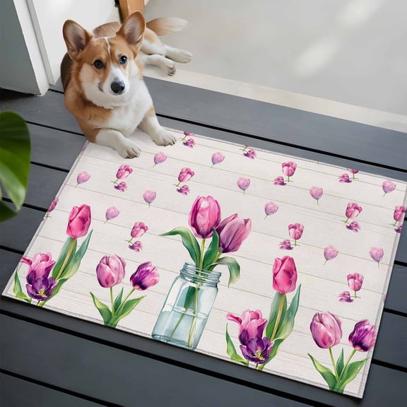 Pink Tulips Small Area Rugs 2x3 Country Watercolor Flower Green Leaf Glass Vase Wood Grain Entryway Rugs Washable Door Mat, Low-Profile Area Rugs Floor Carpet for Living Room Bedroom Home Office