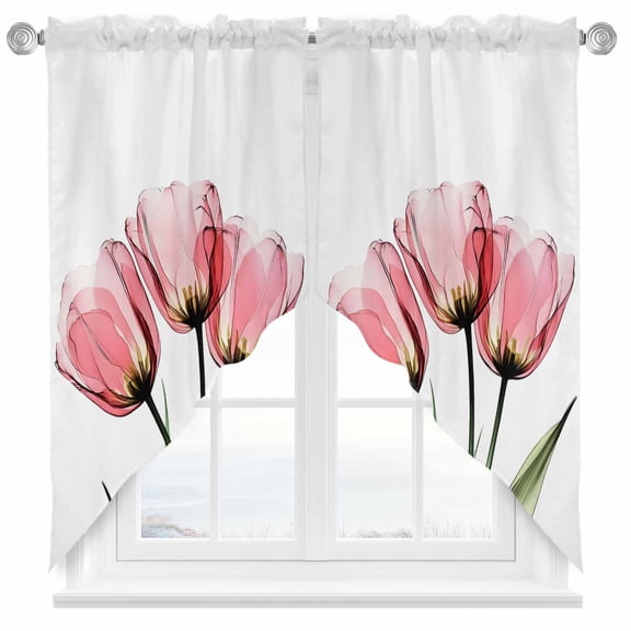 Pink Tulips Swag Curtain Valance for Windows, Countryside Flower Window Treatments Short Swag Topper for Kitchen Windows Bathroom Bedroom, 36"x45"