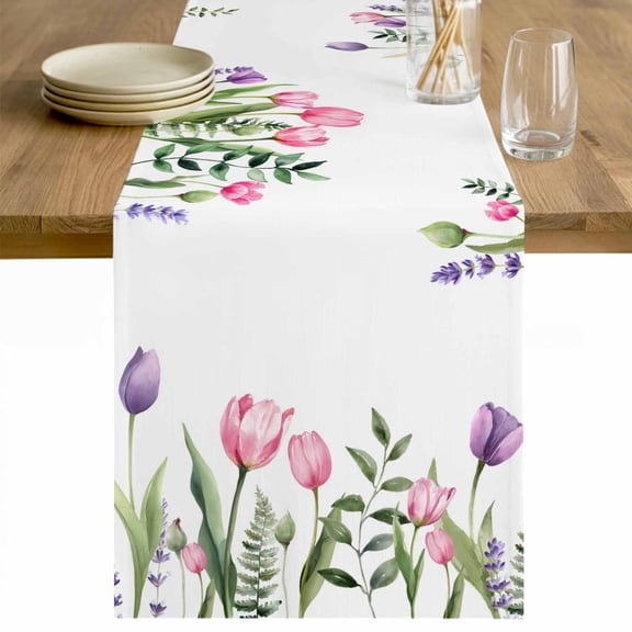 Pink Tulips Table Runner 36 Inches Long Farmhouse Dress Scarves, Spring Floral Green Eucalyptus Leaves Dining Tablerunner for Coffee Table/Kitchen Island/Party Décor, Small 13" x 36"