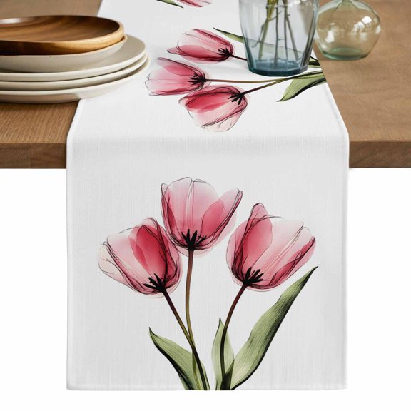 Pink Tulips Table Runner, Green Leaf Country Flower White Botanical Washable Cotton Linen Table Runners 36 Inches Long, Dresser Scarf Runner for Nightstand/End Tables/Round Tables 13''x36''