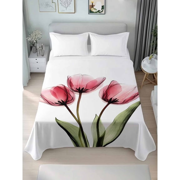 Pink Tulips Twim Size Flat Sheet, Wrinkleproof & Fadeproof Cooling Flat Bed Sheet Only, Green Leaf Country Flower White Botanical Breathable Soft Bedding Top Sheets 66 x 96 Inches