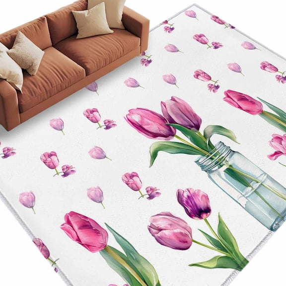 Pink Tulips Washable Living Room Rugs 9'x12', Country Rustic Watercolor Flower Green Leaf Glass Vase Low Pile Throw Large Area Rug Non-Slip Sturdy Edge Binding Carpet for Bedroom Dining Room Office