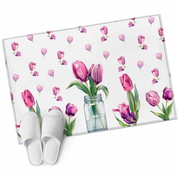 Pink Tulips Washable Small Entryway Area Rugs 2'x3', Country Rustic Watercolor Flower Green Leaf Glass Vase Low Pile Throw Rug Non-Slip Sturdy Edge Binding Carpet for Front Door Floor Room Entry