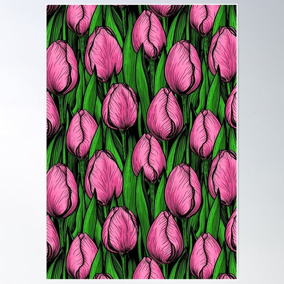 Pink Tulips With Green Leaves Poster Wall Art, Modern Wall Decor For Living Room Bedroom, 24x36 UNFRAMED