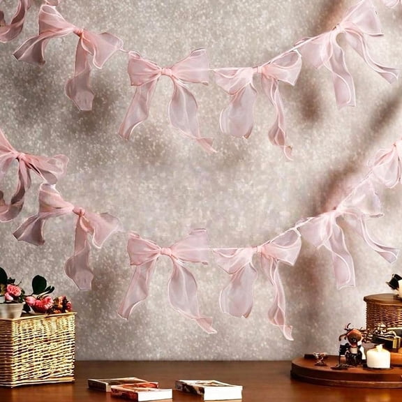 Pink Tulle Bow Garland DIY Decor Set, 12Pcs Ribbon Bows with Cotton Thread and Needle for Birthday Wedding Party Backdrop, Soft Mesh Fabric