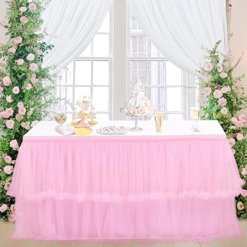 Pink Tulle Table Skirt for Rectangle Tables 6ft Fluffy Tutu Table Skirting Ruffle Tablecloth for Girl Birthday Party Princess Baby Shower 2 Layer Tulle Walmart