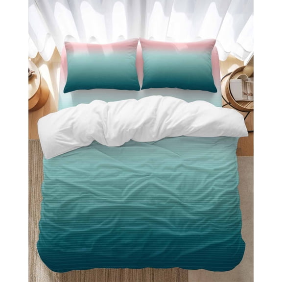 Pink Turquoise Bedding Duvet Cover Set Twin Size 4 Pieces Stripe Gradient Soft Twill Plush Quilt Cover, Include 1 Duvet Cover 1 Flat Sheet And 2 Pillow