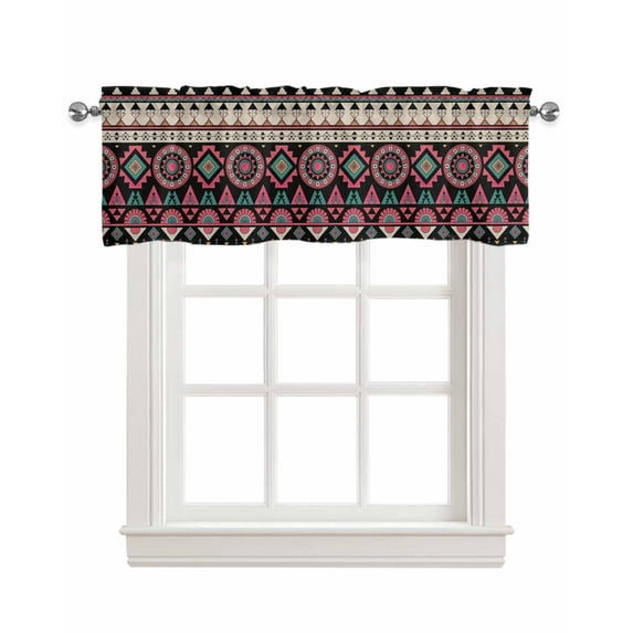 Pink Turquoise Black Boho Kitchen Valances for Windows Farmhouse Linen Window Valance Curtain for Living Room Window Treatment Farmhouse Colorful Geometric Valance Rod Pocket Topper, 54 x 18 Inch