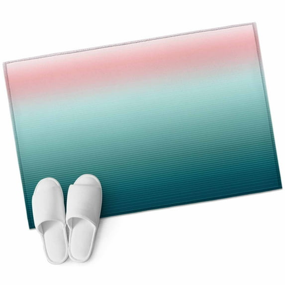 Pink Turquoise Ombre Bathroom Mat 2x3 FT, Non Slip Small Kitchen Mat, Teal Modern Geometric Striped Abstract Art Washable Soft Backed Front Door Throw Rug Indoor Outdoor Doormat for Entryway Sink