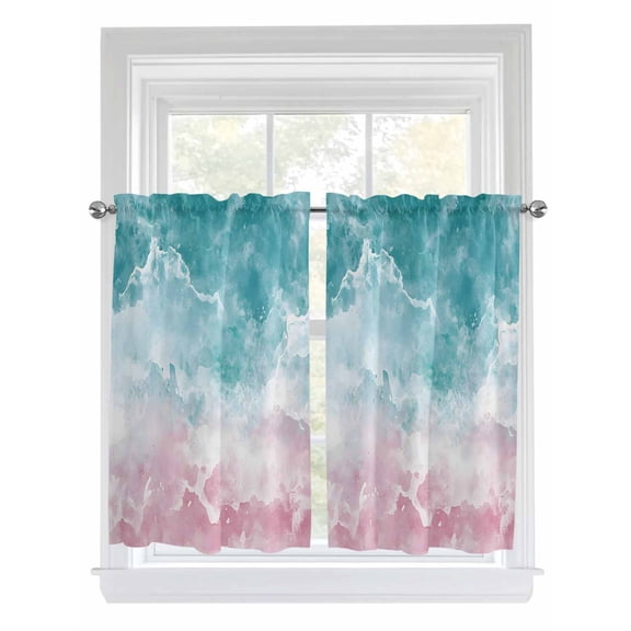 Pink Turquoise Ombre Kitchen Curtains 54 Inches length, Abstract Beach Waves Gradient Window Treatment Curtain Drapes, Decorative Window Curtains for Bedroom Cafe, 52"x54", 2 Panels