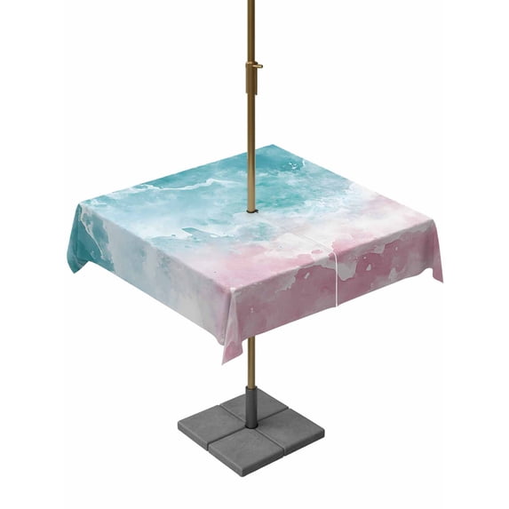 Pink Turquoise Ombre Outdoor Tablecloth with Umbrella Hole, Abstract Beach Waves Gradient Spillproof Waterproof Outdoor Table Cover, Patio Tablecloths for Party/Garden/Picnic, Square 54"x54"